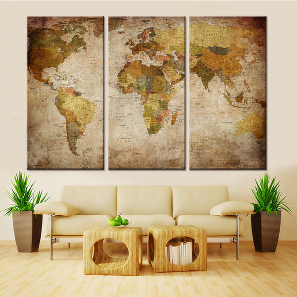 3 Pieces World Map Wall Art